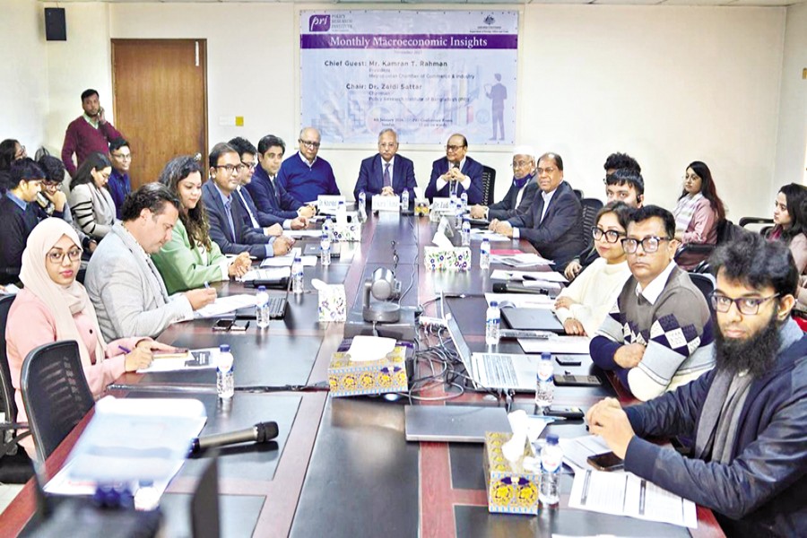 The Policy Research Institute of Bangladesh (PRI) organised a seminar at its Dhaka office on Sunday to unveil the latest edition of its Monthly Macroeconomic Insights (MMI). Kamran T Rahman, President of the Metropolitan Chamber of Commerce and Industry (MCCI), spoke as the chief guest at the event; chaired by Dr Zaidi Sattar, Chairman of the PRI — FE photo