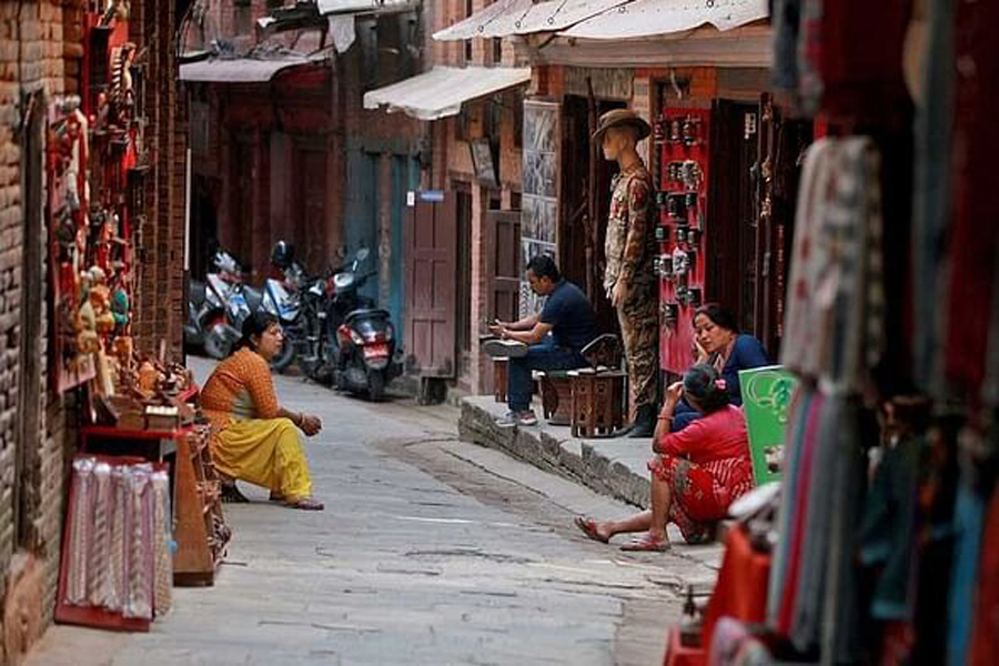 Shops at an alley in Bhaktapur, Nepal, Apr 24, 2022.