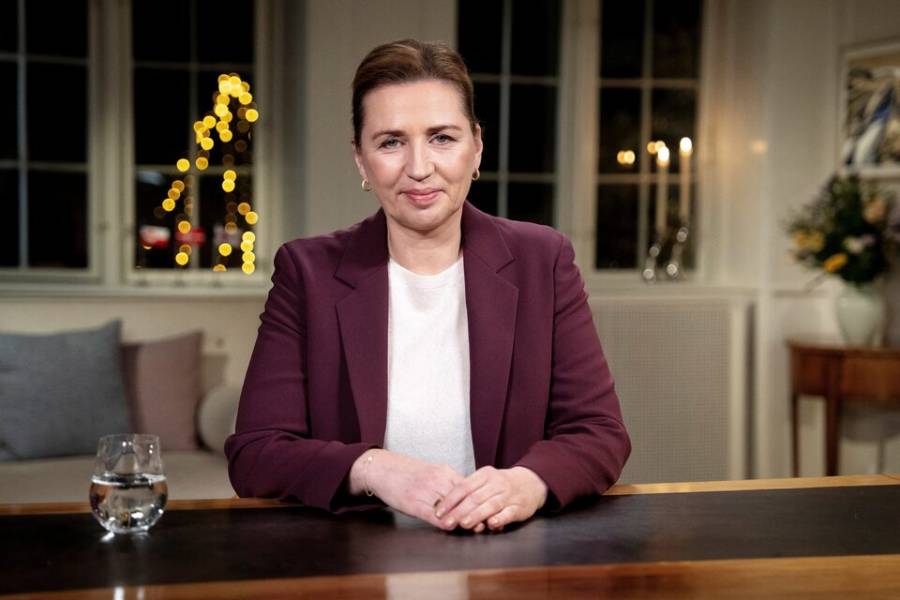 Denmark’s Prime Minister Mette Frederiksen delivers New Year’s speech at Marienborg in Kongens Lyngby, Thursday, January 1, 2026.