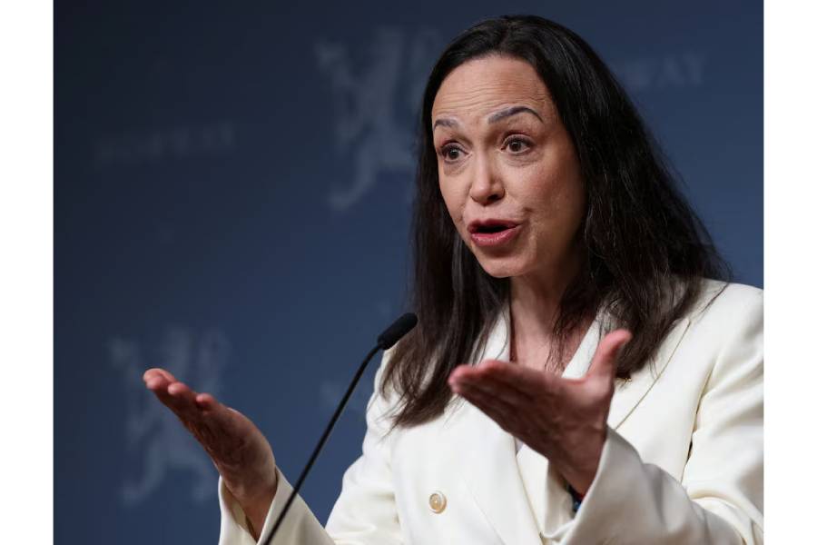 Nobel Peace Prize laureate and Venezuelan opposition leader Maria Corina Machado speaks during a press conference in Oslo, Norway, December 11, 2025.