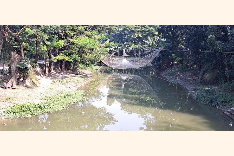 Local fishermen placed a 'fish trap' for catching fish in the Gopalganj-Kotalipara canal at Bedgram in Gopalganj sadar upazila- FE Photo