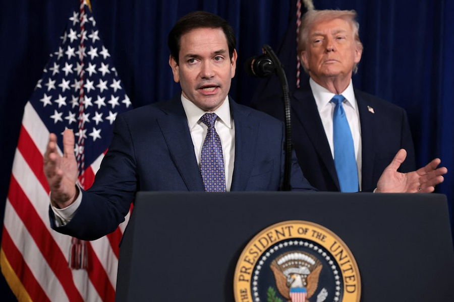 US Secretary of State Marco Rubio speaks as US President Donald Trump stands behind him during a press conference following a U.S. strike on Venezuela where President Nicolas Maduro and his wife, Cilia Flores, were captured, from Trump's Mar-a-Lago club in Palm Beach, Florida, US on January 3, 2026 — Reuters photo