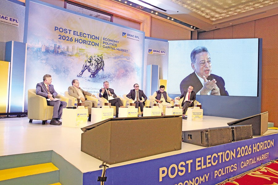 BNP Standing Committee Member Amir Khasru Mahmud Chowdhury speaking at a discussion titled 'Post-Election 2026 Horizon: Economy, Politics and Capital Market' at a city hotel on Tuesday. — FE Photo