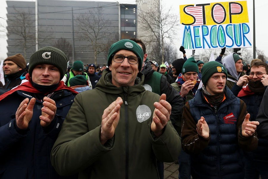 Farmers from across Europe react after the European Parliament voted on whether to refer the EU-Mercosur trade agreement to the Court of Justice of the European Union (CJEU), in Strasbourg, France, January 21, 2026.