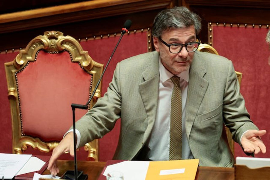 Italian Economy Minister Giancarlo Giorgetti gestures as he attends the question time at the Senate in Rome, Italy, September 25, 2025.