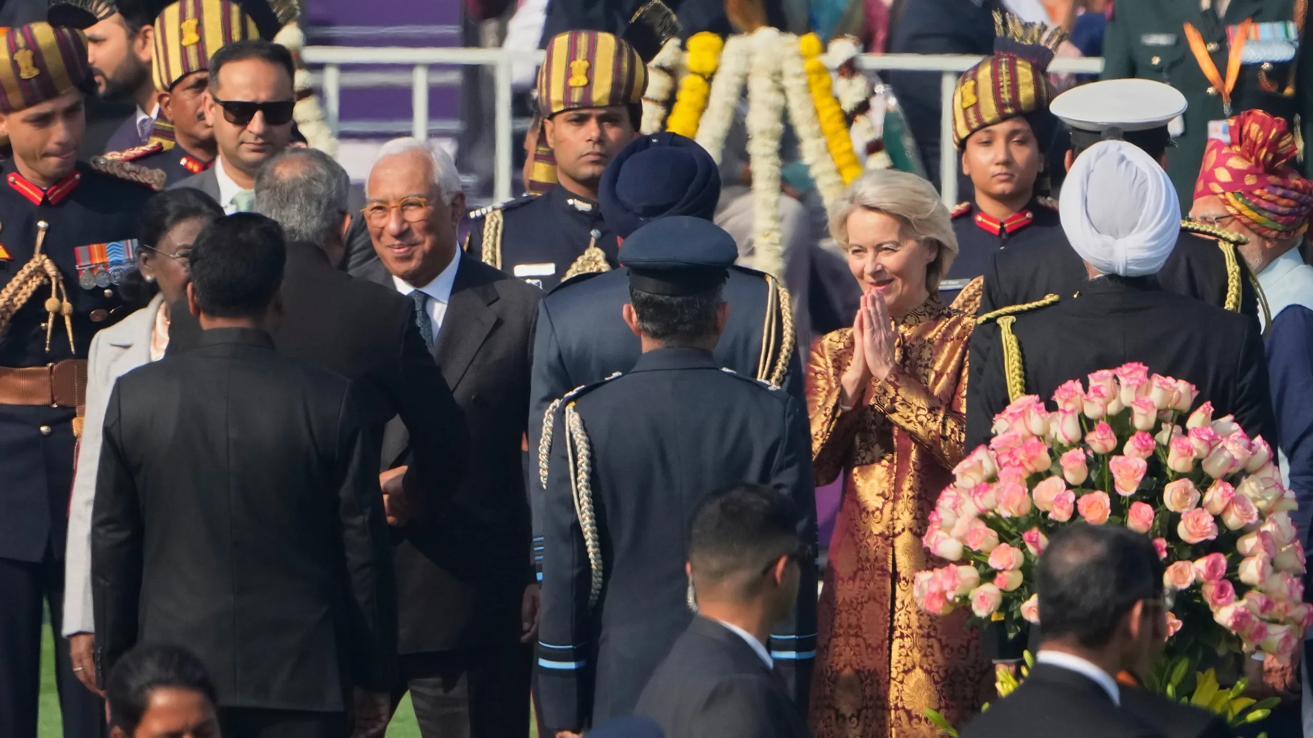 European Council President Antonio Costa, center left, and European Commission President Ursula von der Leyen greet officials upon their arrival at the Republic Day parade in New Delhi, India, Monday, Jan. 26, 2026. (AP Photo/Manish Swarup)