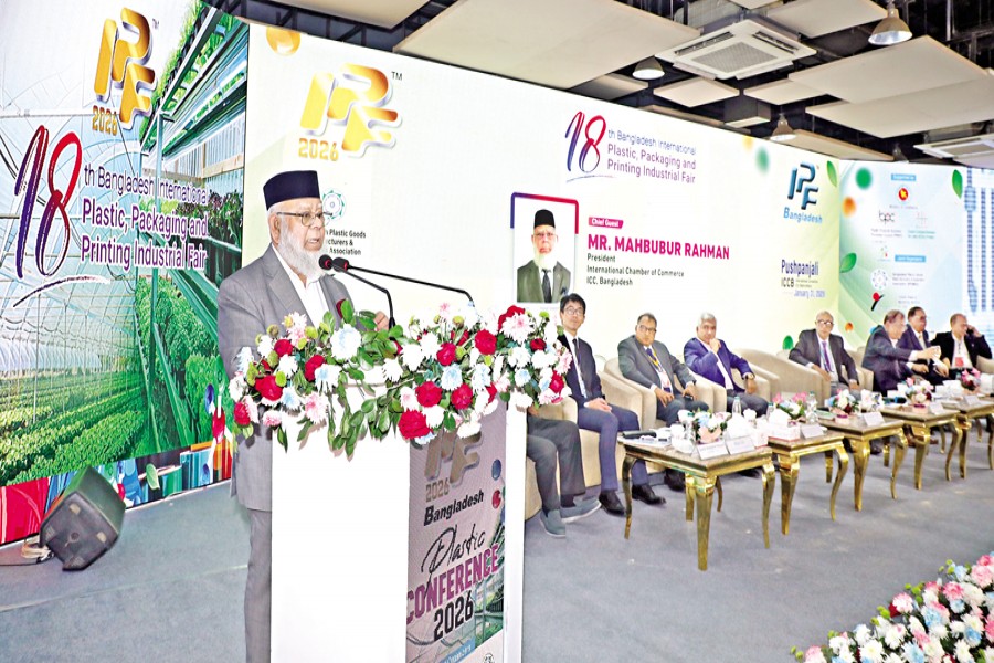President of the International Chamber of Commerce, Bangladesh (ICCB) Mahbubur Rahman speaks at the closing ceremony of the 18th edition of the Bangladesh International Plastic, Packaging and Printing Industrial Fair 2026 held at the International Convention City Bashundhara on Saturday. — FE Photo
