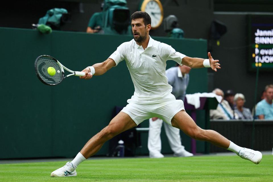 Serbia's Novak Djokovic in action during his semi final match of Wimbledon against Italy's Jannik Sinner at All England Lawn Tennis and Croquet Club in London, Britain on July 14, 2023 — Reuters photo