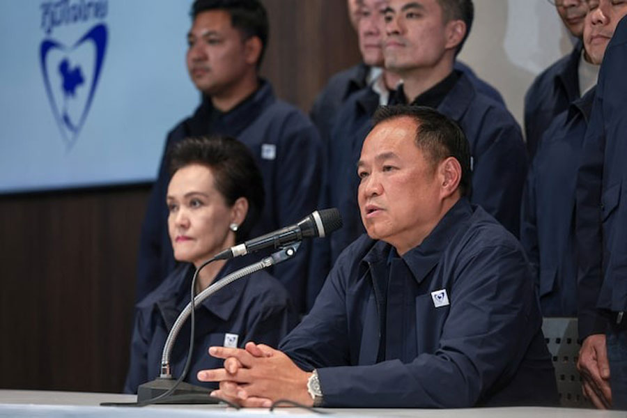 Thailand's caretaker Prime Minister Anutin Charnvirakul, Bhumjaithai Party leader and prime ministerial candidate, speaks during a press conference at the party headquarters on the day of the general election, in Bangkok, Thailand, February 8, 2026.