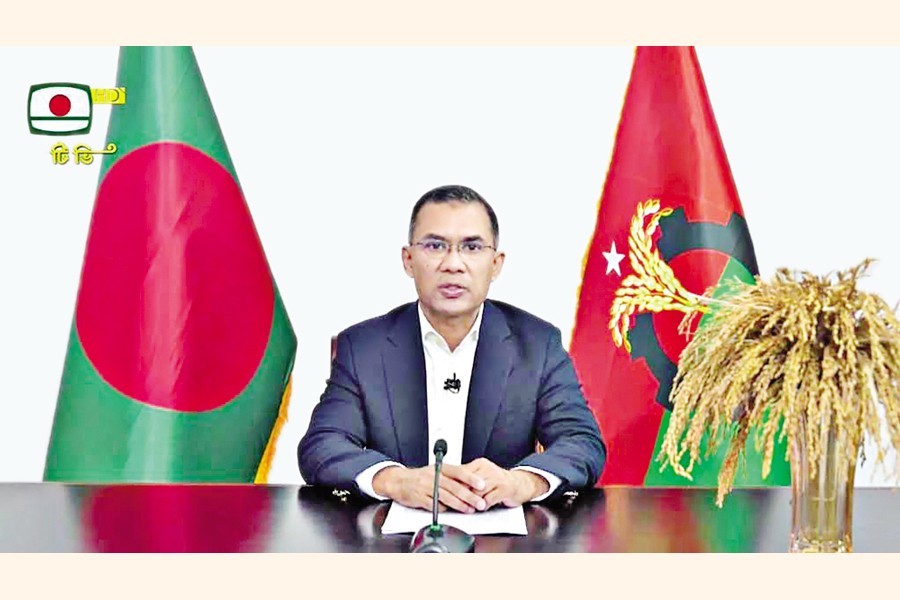 BNP Chairman Tarique Rahman delivers a televised speech on Monday.