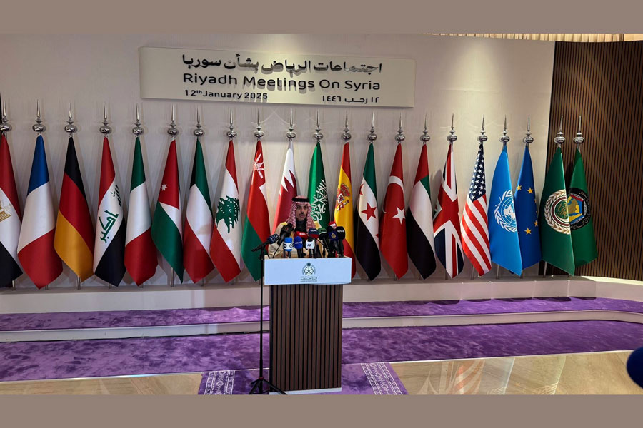 Saudi Foreign Minister Prince Faisal bin Farhan Al-Saud speaks during a press briefing, in Riyadh, Saudi Arabia, Jan 12, 2025.