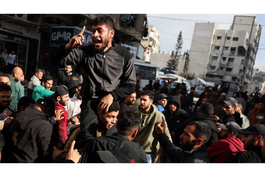 Mourners attend the funeral of Palestinians, who, according to medics, were killed by an Israeli strike on Monday, in Gaza City, Feb 10, 2026.