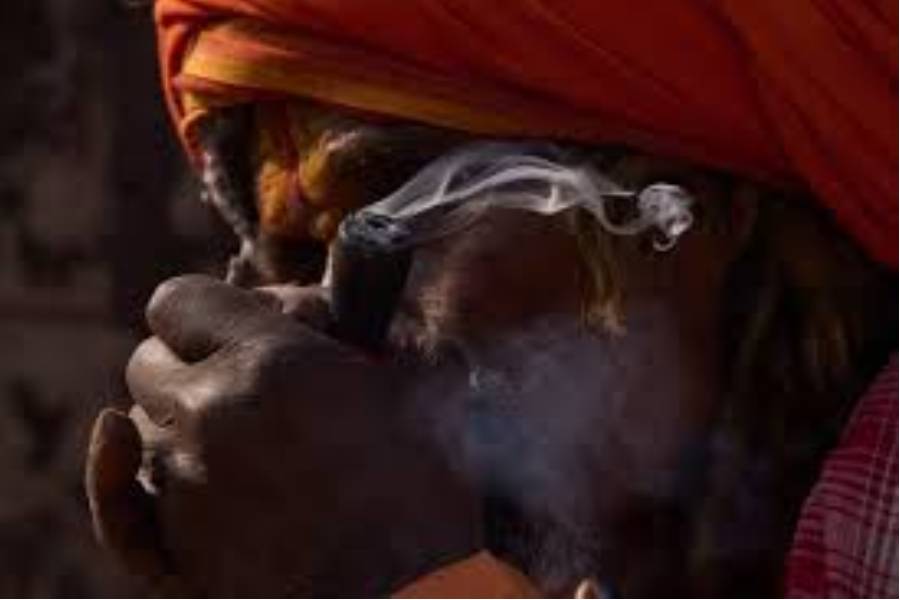 A holy man smokes marijuana during Maha Shivaratri festival at the Pashupatinath temple premises in Kathmandu, Nepal, Sunday, Feb. 15, 2026.