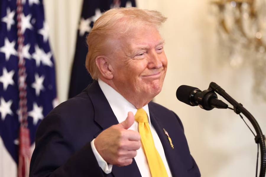 U.S. President Donald Trump gives a thumbs up during a Black History Month reception at the White House in Washington, D.C., U.S., February 18, 2026.
