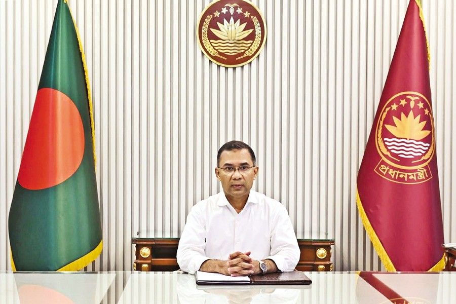 Prime Minister Tarique Rahman delivers his televised address to the nation on Wednesday.— Photo: Collected