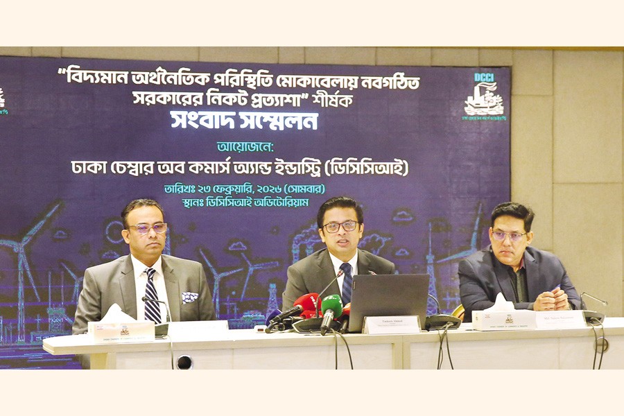Dhaka Chamber of Commerce & Industry (DCCI) President Taskeen Ahmed speaks at a press conference titled "Expectations from the new government to address the current economic situation" at the DCCI auditorium in Motijheel on Monday. — FE Photo