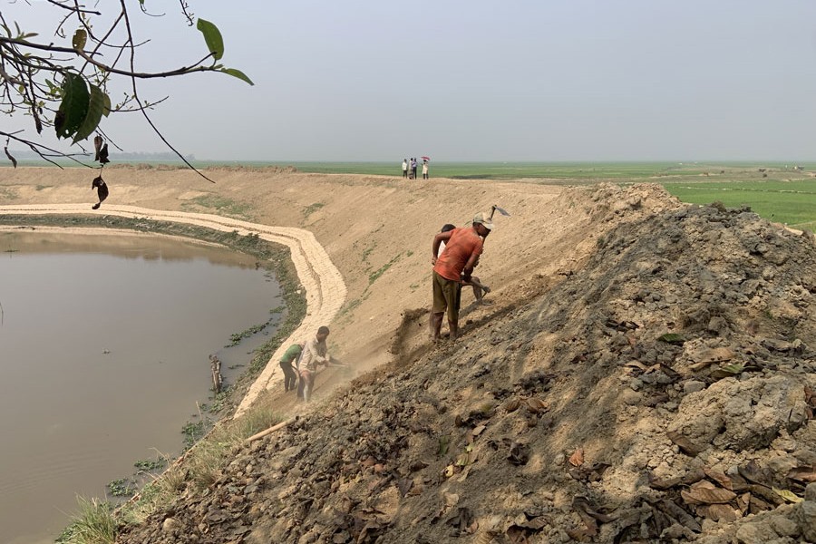 Embankment work in Dowarabazar upazila of Sunamganj nears completion, while grass planting and land levelling remain pending ahead of the February 28 deadline- FE Photo