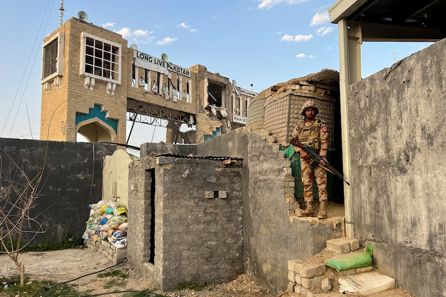 An army soldier stands at a post at the Friendship Gate, following the exchanges of fire between Pakistan and Afghanistan forces, at the border crossing between the two countries, in Chaman, Pakistan on February 27, 2026. Picture taken with a mobile phone. — Reuters photo