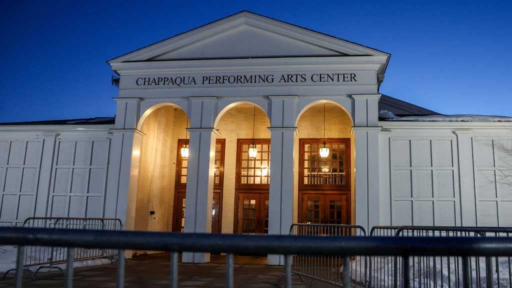 The entrance of the Chappaqua Performing Arts Center, on the day former US President Bill Clinton is expected to appear for a deposition in the House Oversight Committee investigation of late financier and convicted sex offender Jeffrey Epstein, in Chappaqua, New York, US, Feb 27, 2026. REUTERS/Shannon Stapleton