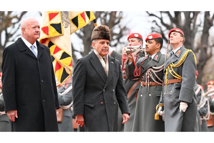 Austrian Chancellor Christian Stocker receives Pakistani Prime Minister Shehbaz Sharif with military honours at the chancellery in Vienna, Austria, Feb 16, 2026.