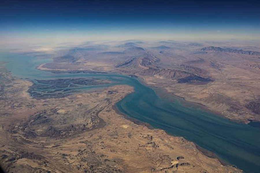 An aerial view of the Iranian shores and the island of Qeshm in the strait of Hormuz, December 10, 2023.