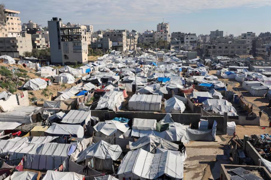 Palestinians displaced during the two-year Israeli offensive, shelter at a tent camp in Gaza City, March 1, 2026.