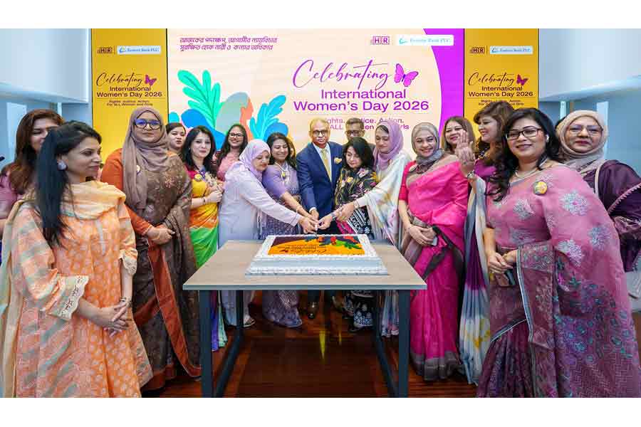 Eastern Bank celebrated International Women’s Day 2026 at its head office in Dhaka. Yasmin Rahman, Chairman of Paragon Group; Captain Shumeila Hussain of Biman Bangladesh Airlines; Uzma Chowdhury, Director of PRAN-RFL Group; and Dr. Fahmida Khatun, Executive Director of the Centre for Policy Dialogue (CPD along with EBL Managing Director Ali Reza Iftekhar, women employees and others are seen cutting a ceremonial cake to mark the occasion.