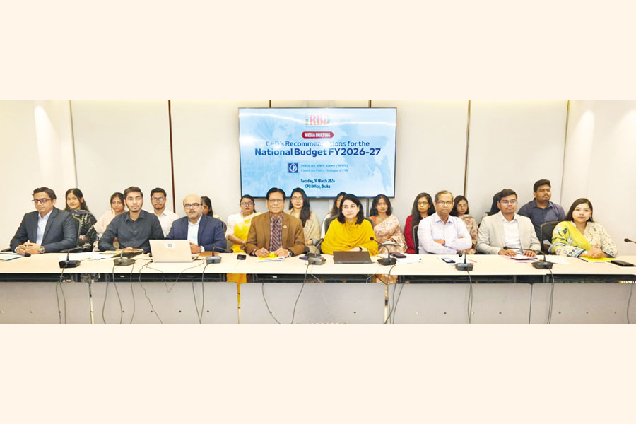 A view of a media briefing of the Centre for Policy Dialogue (CPD) on the National Budget 2026-27 in the capital on Tuesday, where CPD Distinguished Fellow Dr. Mustafizur Rahman and Executive Director Dr. Fahmida Khatun were present, among others. — FE Photo