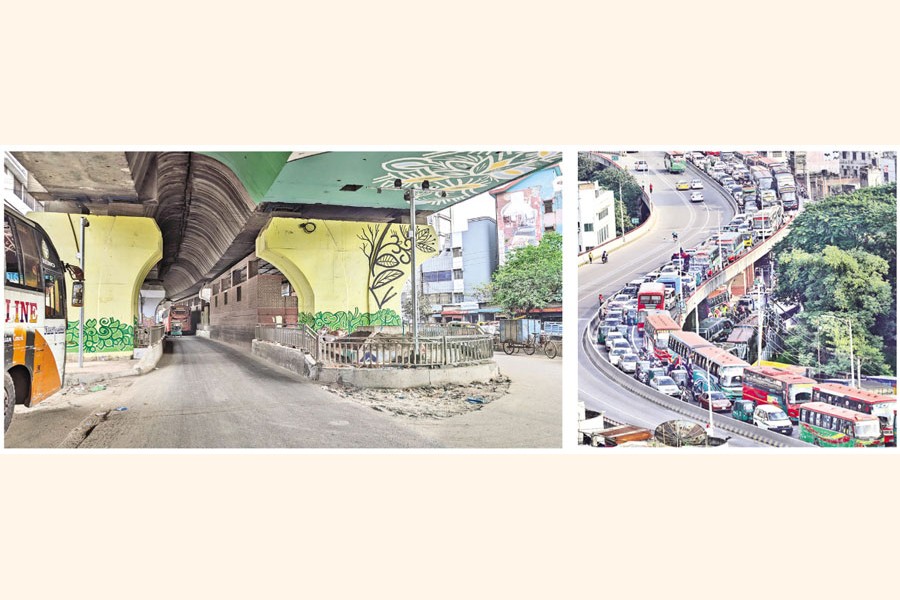The roads under the Hanif flyover in the Sayedabad area of the city are too narrow for vehicles to pass through (left) and a severe traffic jam grips one side of the flyover due to faulty design of the infrastructure — FE photos