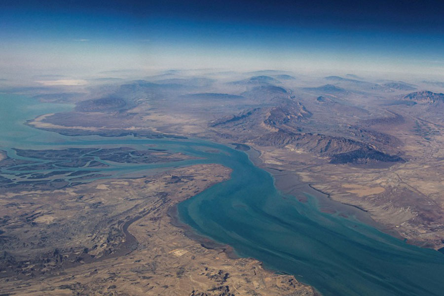 An aerial view of the island of Qeshm, separated from the Iranian mainland by the Clarence Strait, in the Strait of Hormuz, Dec 10, 2023.