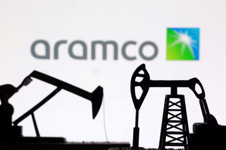 3D-printed oil pump jacks and the Saudi Aramco logo appear in this illustration taken on March 2, 2026 — Reuters illustration
