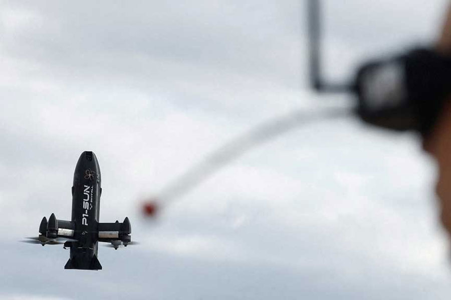 A employee of SkyFall company operates a P1-Sun FPV interceptor drone during a test fly at a training ground, amid Russia's attack on Ukraine, in an undisclosed location, Ukraine Mar 6, 2026.