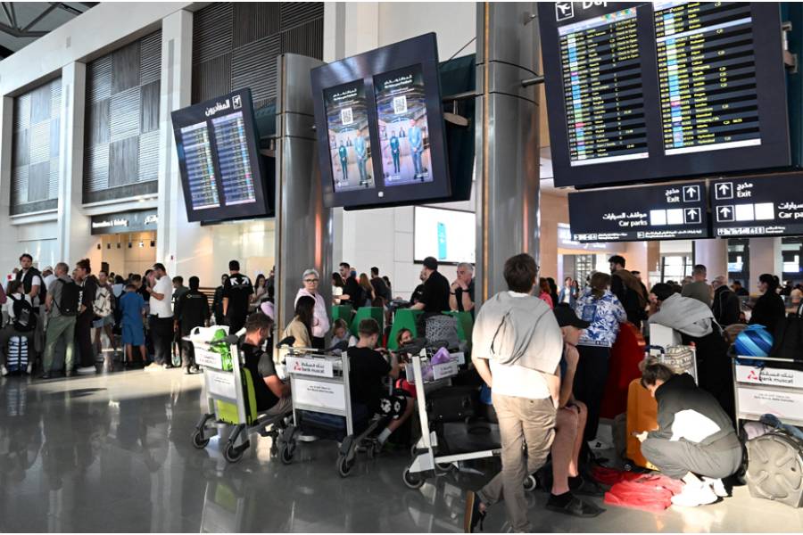 Passengers wait at Muscat International Airport as the Sultanate of Oman facilitates the return of passengers to their home countries amid the US-Israeli conflict with Iran, in Muscat, Oman, Mar 5, 2026.