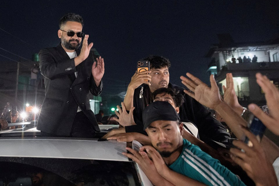Balendra Shah, a rapper-turned-politician and the prime ministerial candidate for Rastriya Swatantra Party (RSP), greets his supporters as he celebrates after winning the election, in Damak, Jhapa district, Nepal on March 7, 2026 — Reuters photo