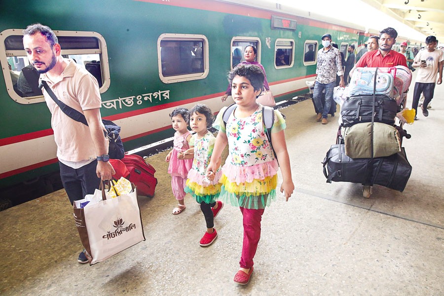 Train journeys with advance tickets for Eid-ul-Fitr begin on Friday. The photo was taken at Kamalapur Railway Station in the capital. — FE photo by K Asad-Uz-Zaman