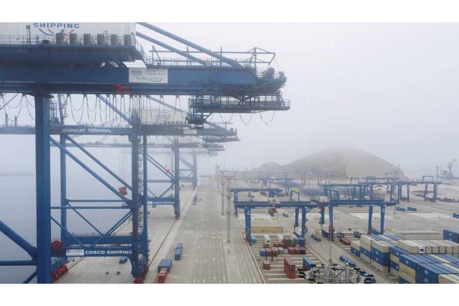A drone view shows cranes and containers at the new megaport being built by China’s state-owned Cosco Shipping, promising to shorten sea routes to Asia for Peruvian and some Brazilian goods, in Chancay, Peru, Oct 24, 2024.