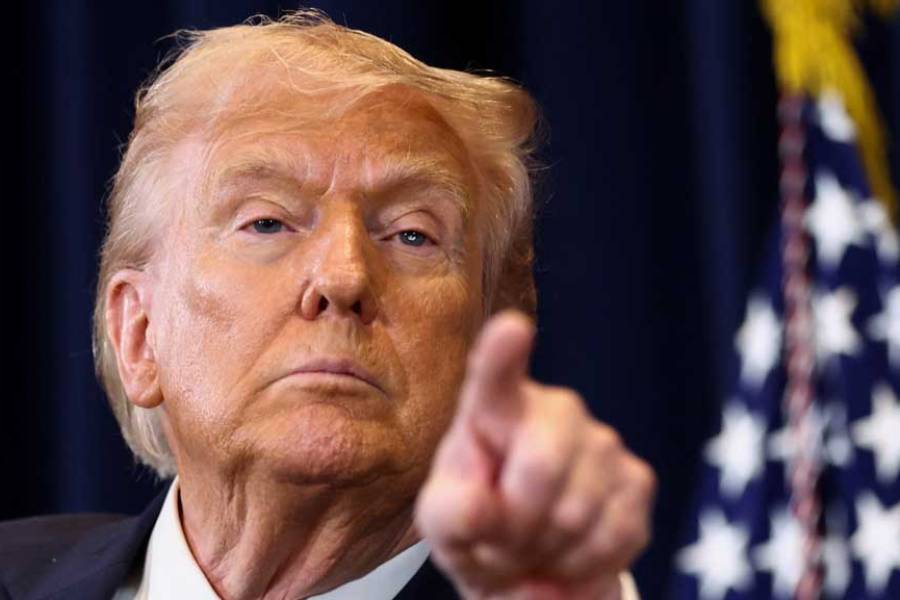 US President Donald Trump takes a question as he speaks during a press conference at Trump National Doral Miami in Miami, Florida, US, Mar 9, 2026.