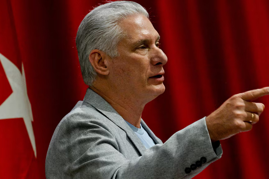 Cuba's President Miguel Diaz‑Canel speaks during a meeting with members of the Nuestra America Convoy which arrived to the island with humanitarian aid at the Palacio de Convenciones in Havana, Cuba, on March 20, 2026 — Pool via Reuters photo