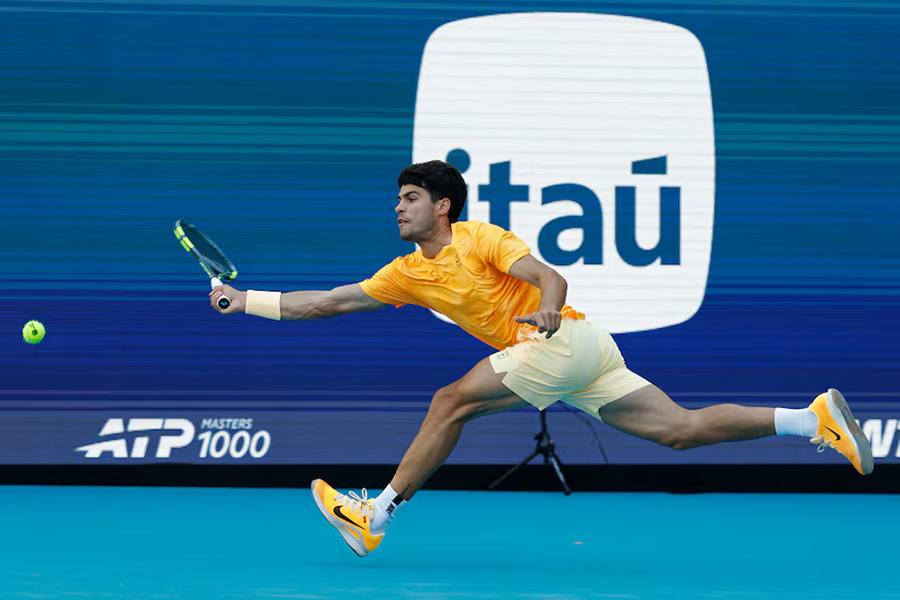 Carlos Alcaraz reaches for a forehand against Sebastian Korda on day six of the Miami Open at Hard Rock Stadium, Miami Gardens, Florida, USA, on March 22, 2026 — Geoff Burke-Imagn Images via Reuters