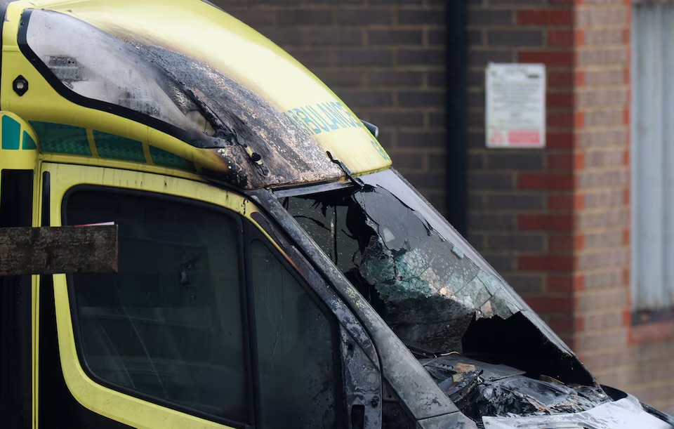 A damaged ambulance, among the four ambulances belonging to Hatzola, a Jewish community organisation, that were set on fire in an incident that the police say is being treated as an antisemitic hate crime, in northwest London, Britain, March 23, 2026. REUTERS/Hannah McKay