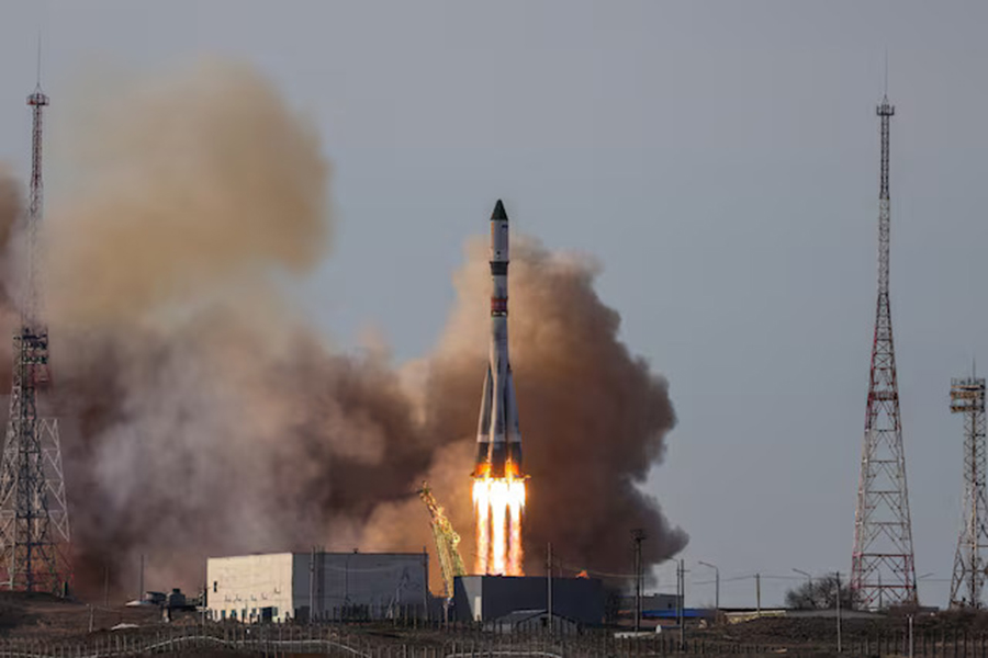 A Soyuz-2.1a rocket booster with a Progress MS-33 cargo spacecraft blasts off to the International Space Station (ISS) from the launch pad at the Baikonur Cosmodrome, Kazakhstan on March 22, 2026 — Roscosmos/Handout via Reuters