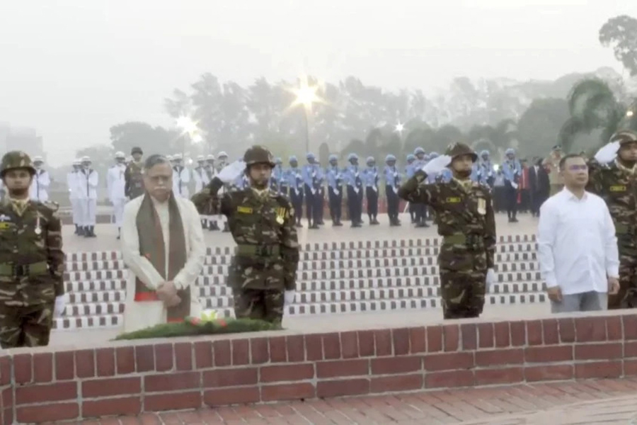 President Mohammed Shahabuddin and Prime Minister Tarique Rahman seen paying tributes to the Liberation War martyrs by placing wreaths at the National Memorial. Photo: Screengrab