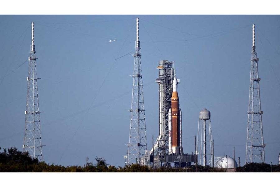 The Space Launch System (SLS), with the Orion crew capsule, stands at launch complex 39B during the Wet Dress Rehearsal, a full-scale countdown and propellant load, for the Artemis II mission to the Moon at Kennedy Space Center in Cape Canaveral, Florida, US, Feb 2, 2026.