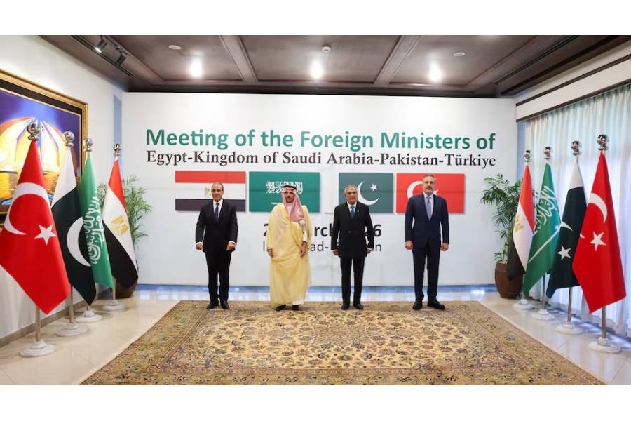 Foreign Ministers Badr Abdelatty of Egypt, Prince Faisal bin Farhan Al Saud of Saudi Arabia, Ishaq Dar of Pakistan and Hakan Fidan of Turkey pose for a group photo during their meeting to discuss regional de-escalation, amid the U.S.-Israel conflict with Iran, in Islamabad, Pakistan, March 29, 2026.