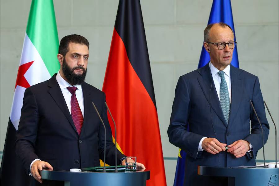 German Chancellor Friedrich Merz and Syrian President Ahmed al-Sharaa hold a press conference at the Chancellery, in Berlin, Germany March 30, 2026.