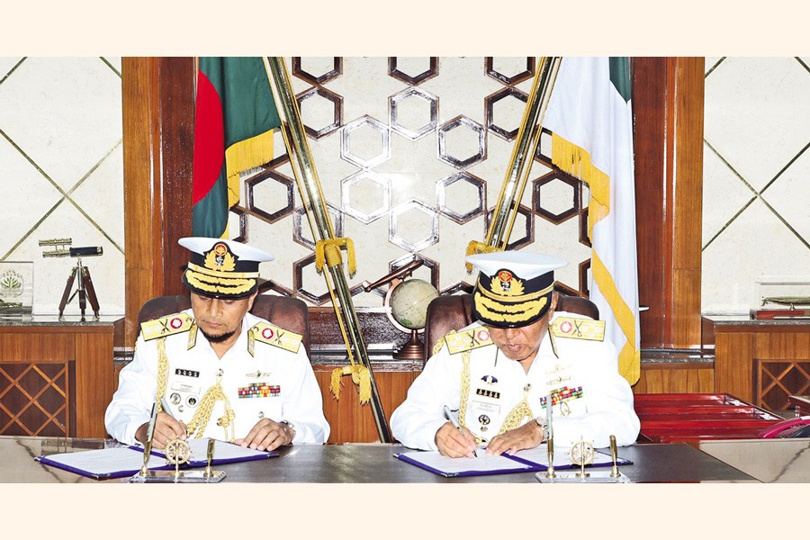 Vice Admiral M Nazmul Hassan taking charge of the Chief of Naval Staff at a function held at Naval Headquarters in the city on Monday — ISPR