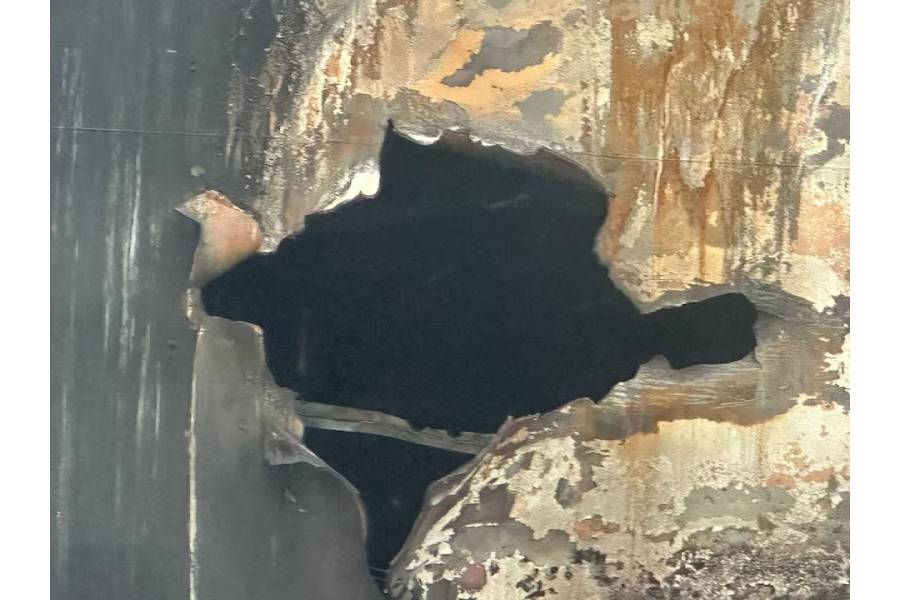 Damage to the Kuwait-flagged Al-Salmi crude oil tanker, following a reported strike, amid the U.S.-Israeli conflict with Iran, March 31, 2026.