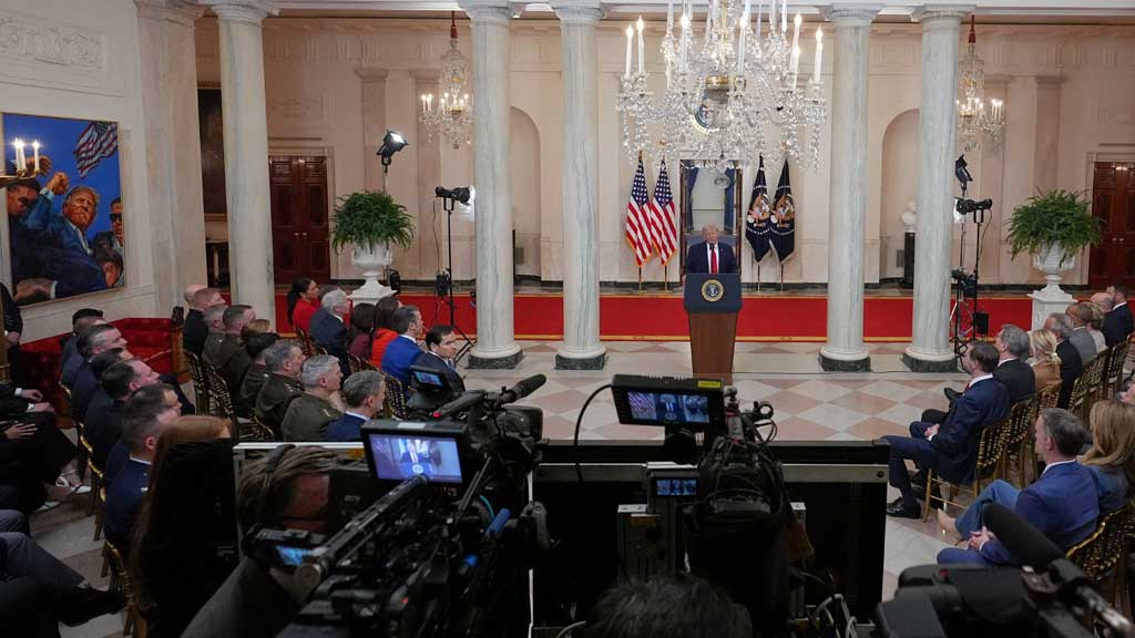 US President Donald Trump delivers an address to the nation about the Iran war at the White House in Washington, DC, US Apr 1, 2026. Alex Brandon/Pool via REUTERS