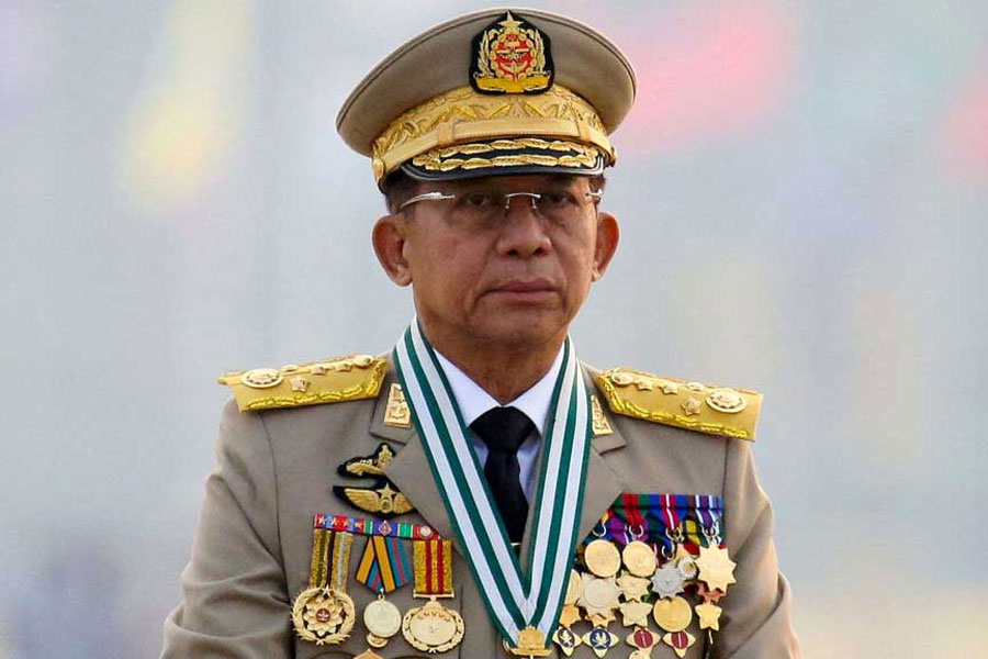 Myanmar's junta chief Senior General Min Aung Hlaing, who ousted the elected government in a coup on February 1, presides an army parade on Armed Forces Day in Naypyitaw, Myanmar, Mar 27, 2021.