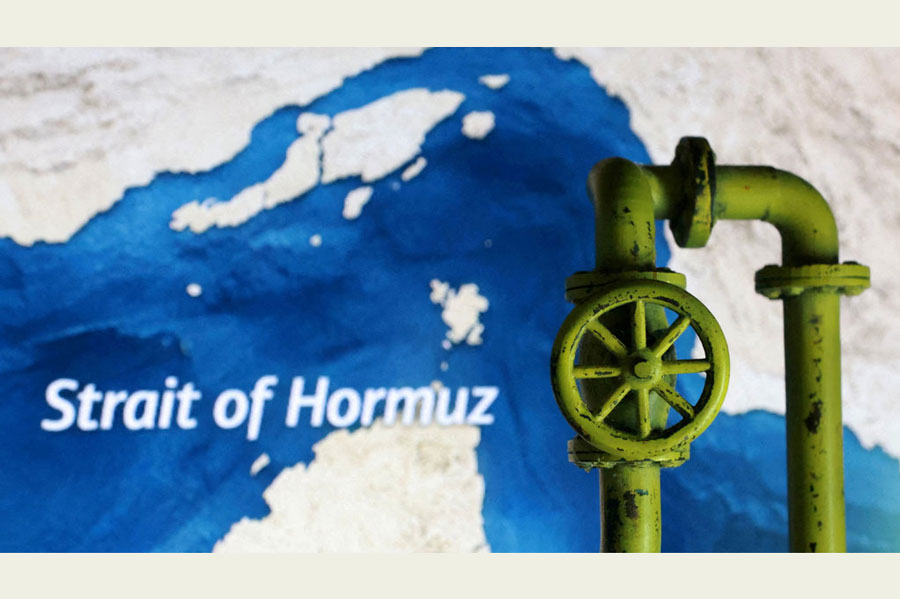 A map showing the Strait of Hormuz and a 3D printed oil pipeline are seen in this illustration taken Mar 23, 2026.